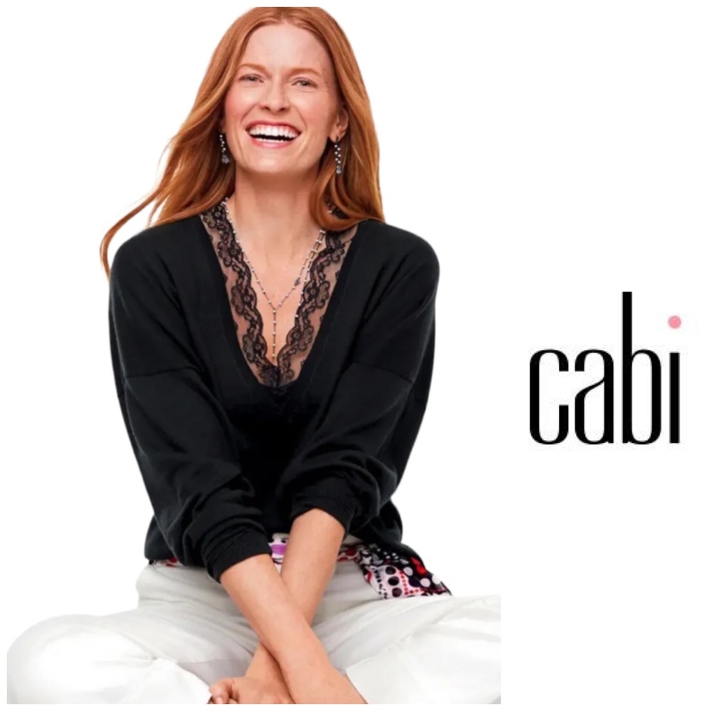 Cabi Union Black V-neck Lace Lightweight Knit Dolman Sleeve Sweater #5632 Size M